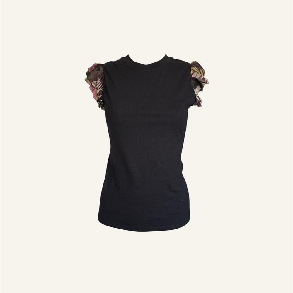 Blumarine Anna Molinari black top floral silk ruffle stretch vintage designer